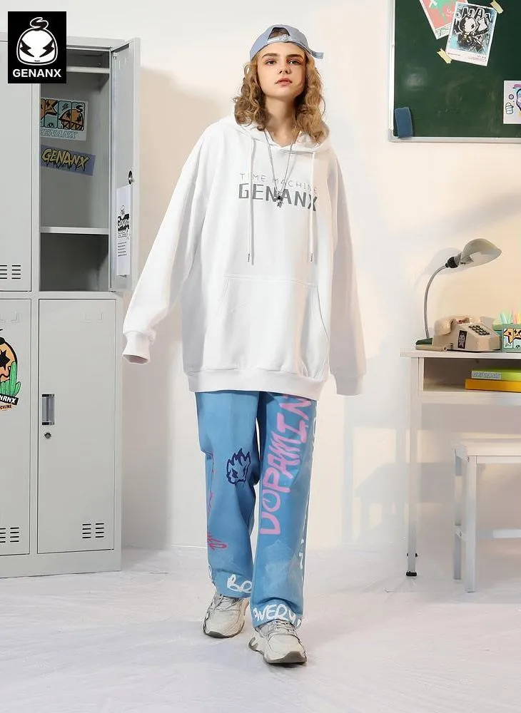 Letter Print Kangaroo Pocket Drop-Shoulder Sleeve Hoodies