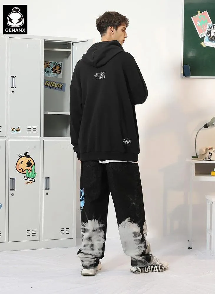 Letter Print Kangaroo Pocket Drop-Shoulder Sleeve Hoodies