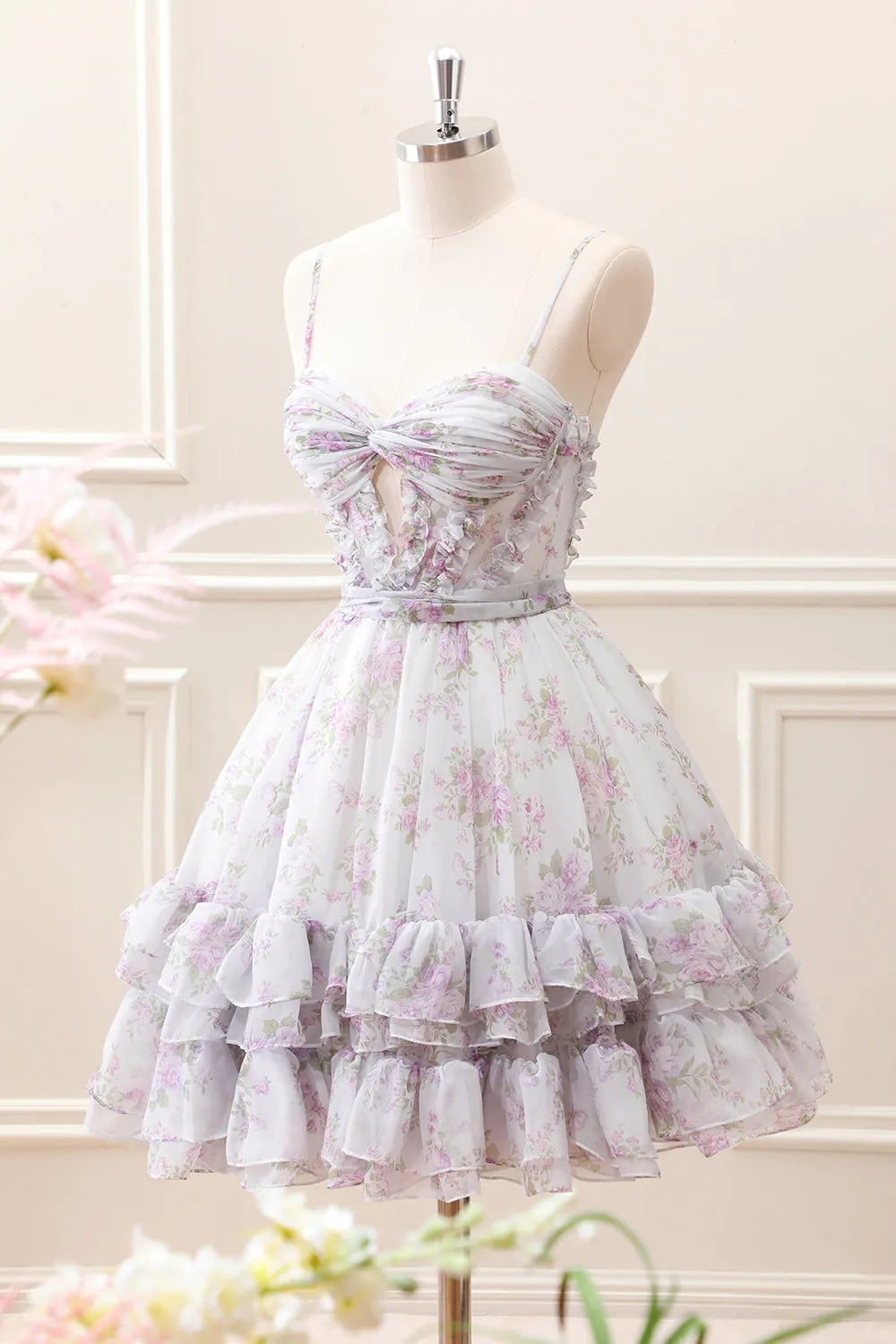 Lilac A-Line Floral Prints Ruffled Tiered Mini Dress