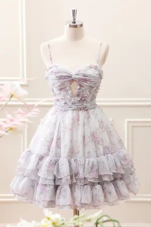 Lilac A-Line Floral Prints Ruffled Tiered Mini Dress