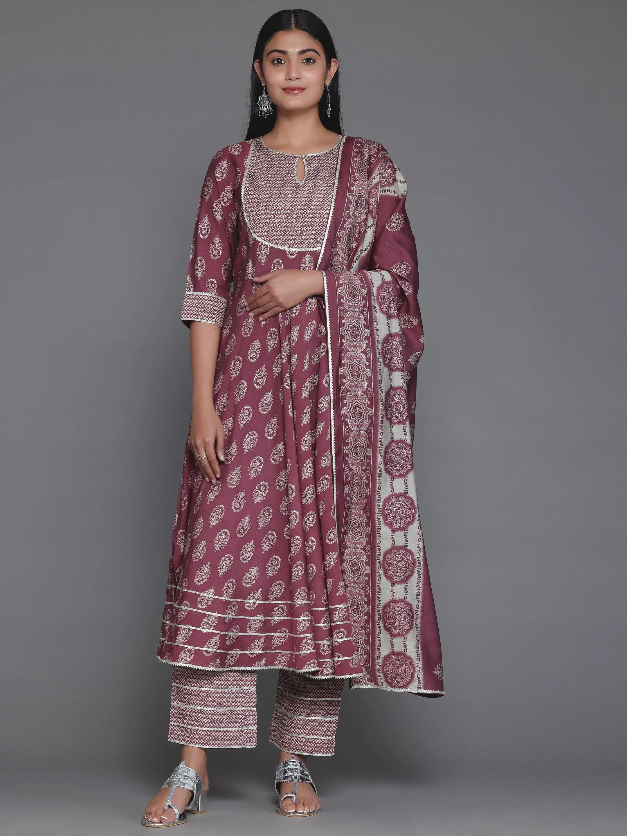 Mauve Printed Silk Blend Anarkali Suit With Dupatta