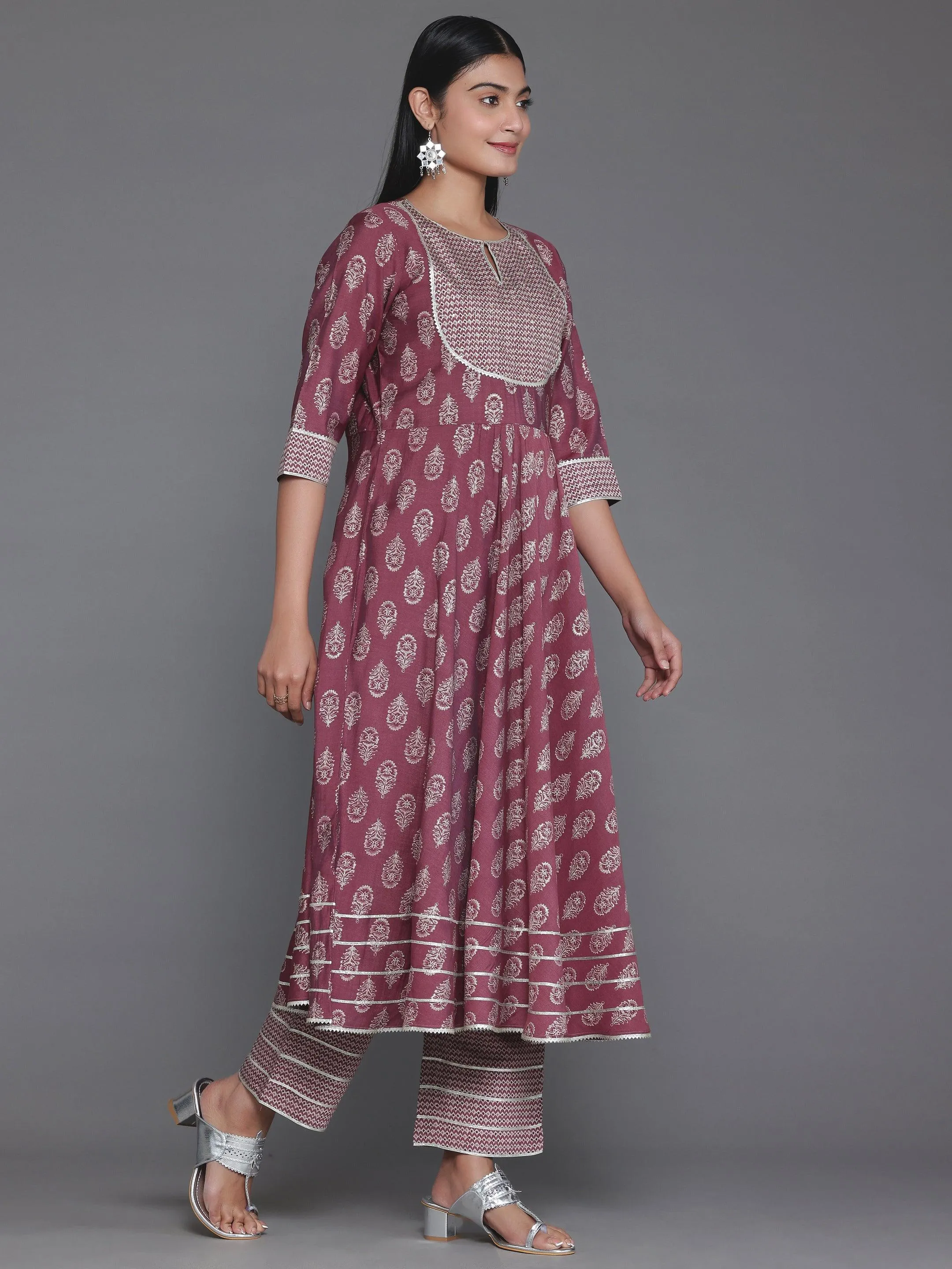 Mauve Printed Silk Blend Anarkali Suit With Dupatta
