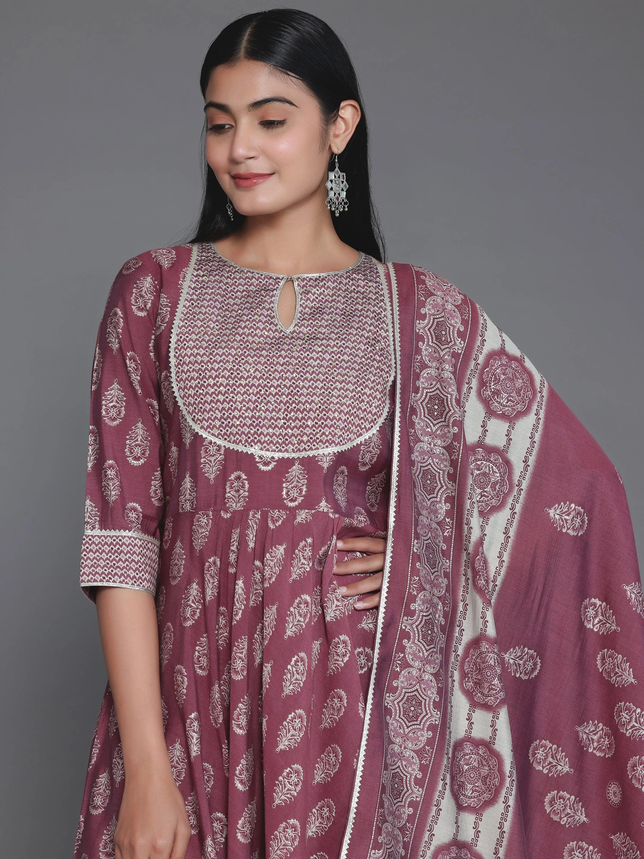 Mauve Printed Silk Blend Anarkali Suit With Dupatta
