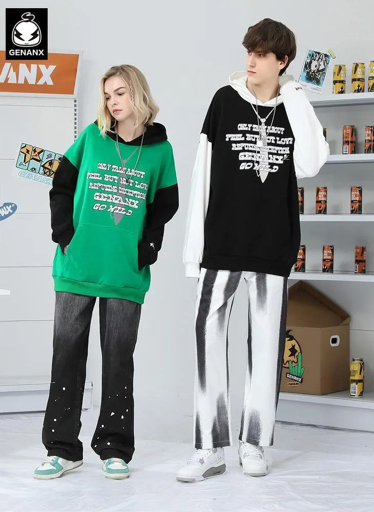 Minimalist Color Block Patchwork Letter Print Hoodies