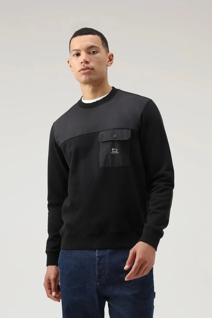 Mixed Fabric Crewneck Sweatshirt - Black