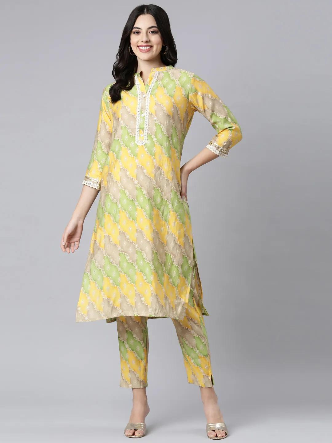Neerus Yellow Regular Straight Floral Kurta And Trousers