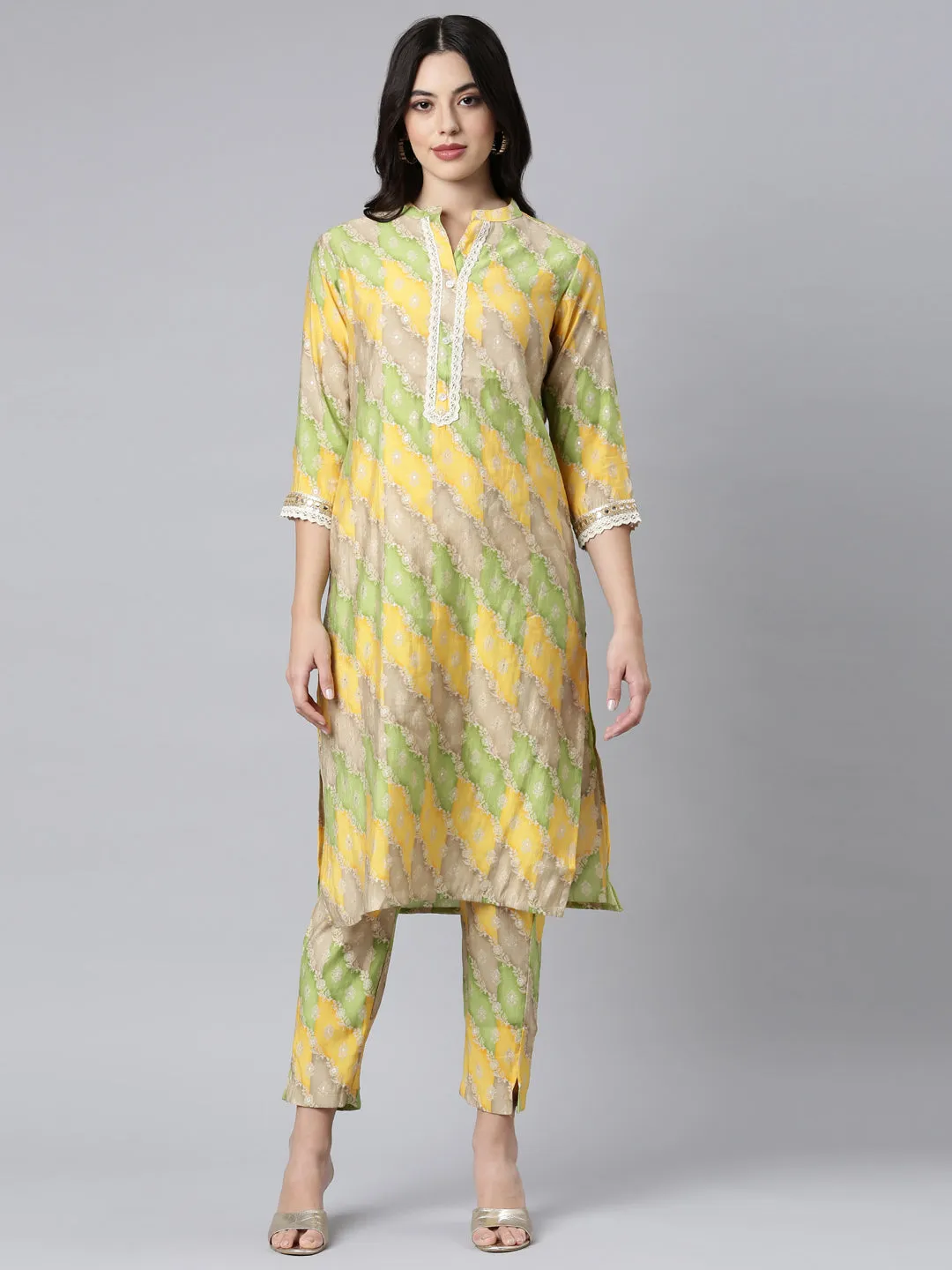 Neerus Yellow Regular Straight Floral Kurta And Trousers