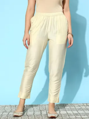 Off White Solid Silk Trousers