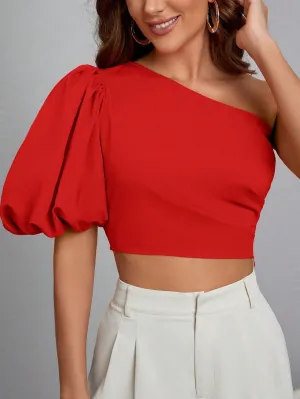 One Shoulder Puff Sleeve Crop Top