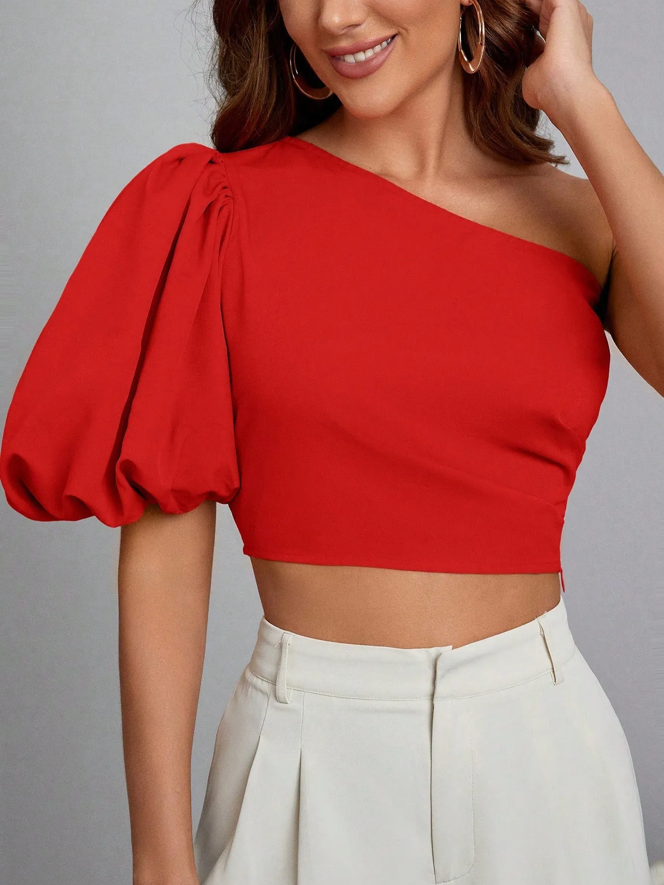 One Shoulder Puff Sleeve Crop Top