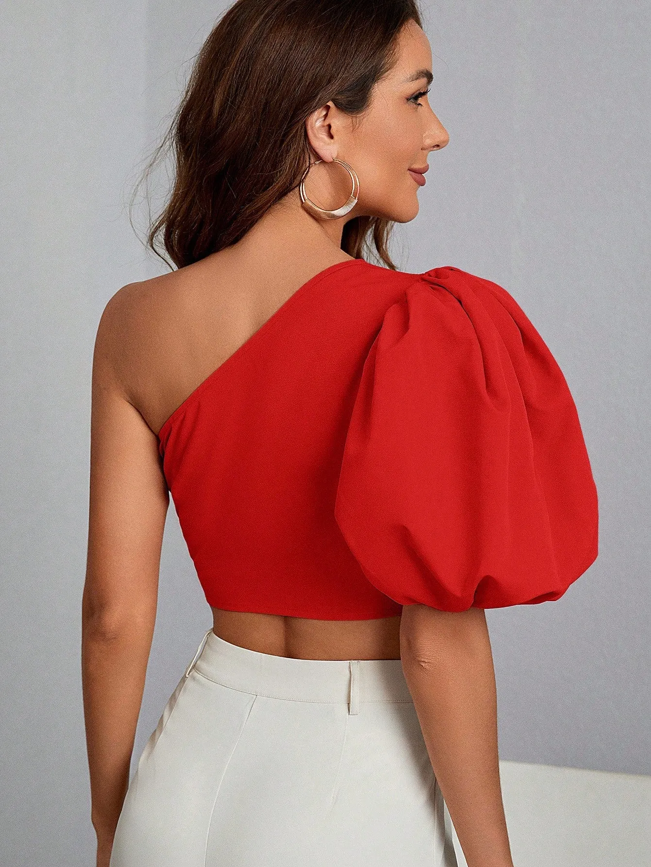 One Shoulder Puff Sleeve Crop Top