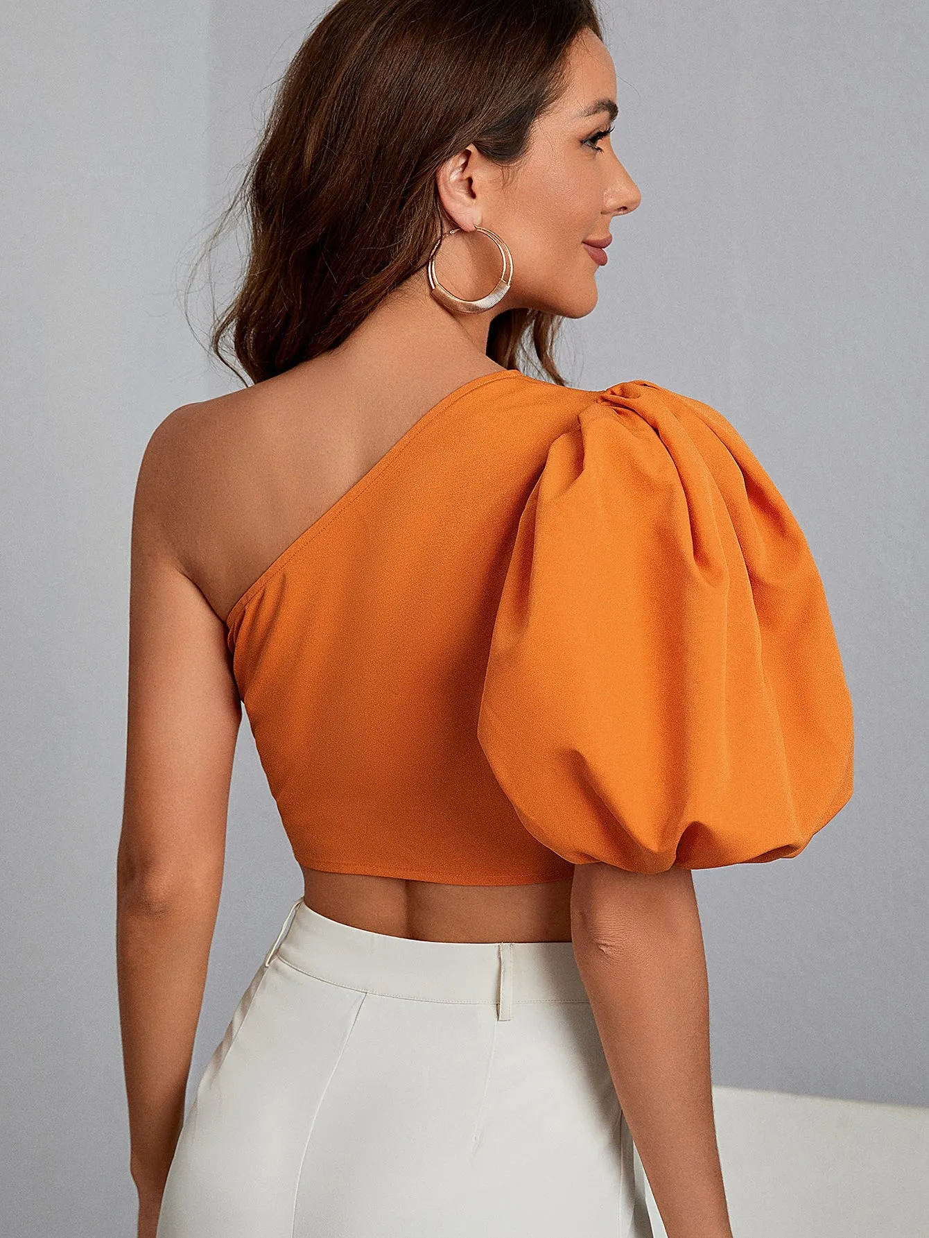 One Shoulder Puff Sleeve Crop Top