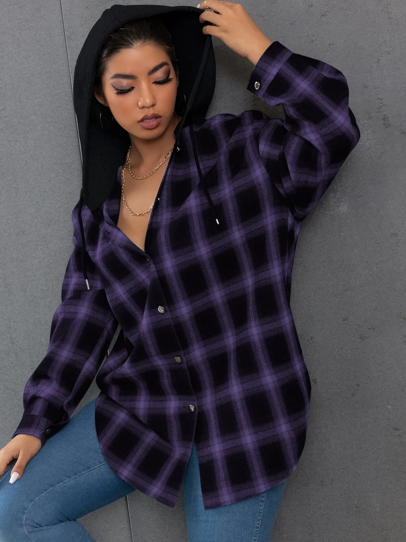 Plaid Button Front Long Sleeve Hooded Long Plus Size Blouse