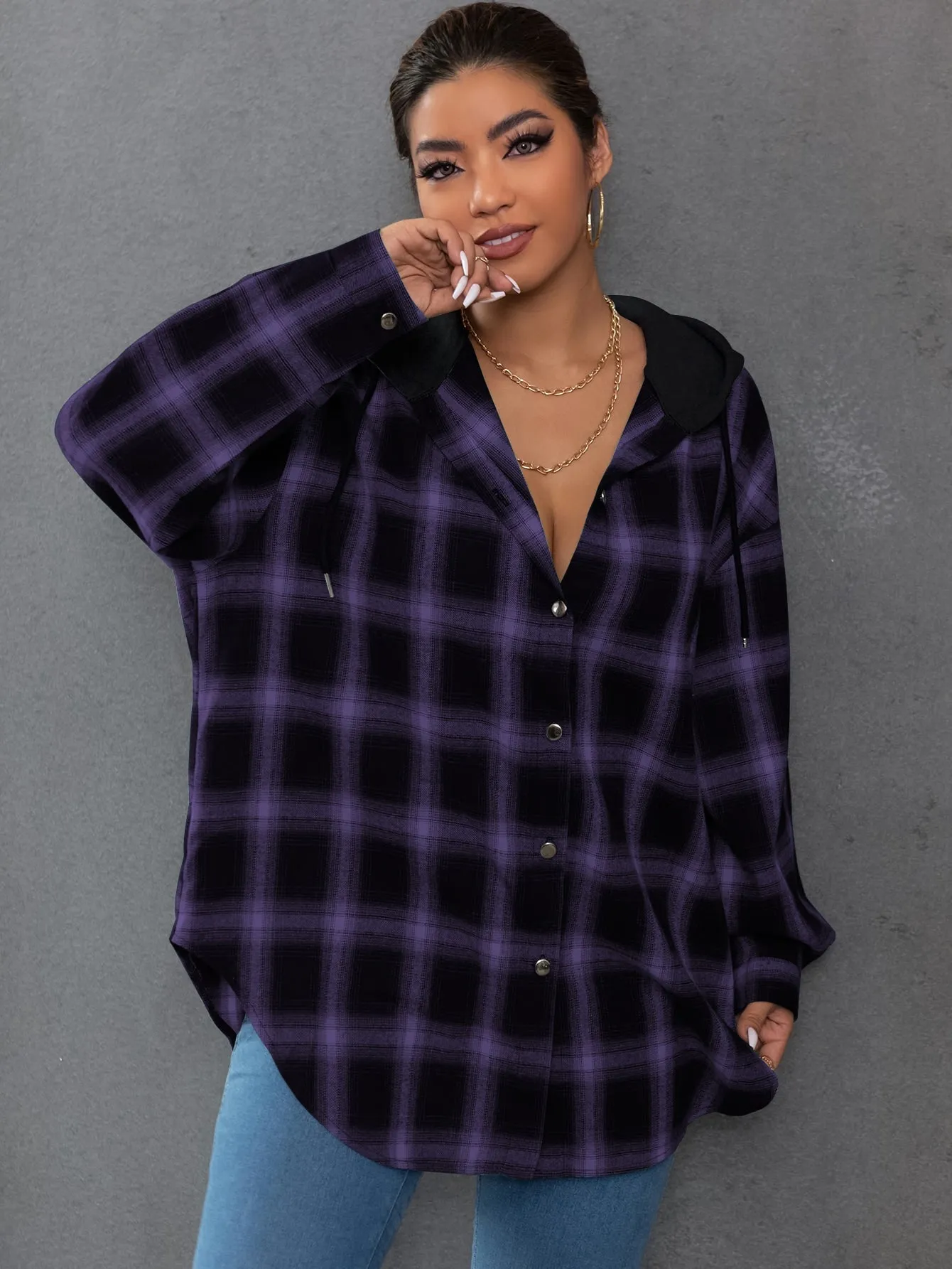 Plaid Button Front Long Sleeve Hooded Long Plus Size Blouse