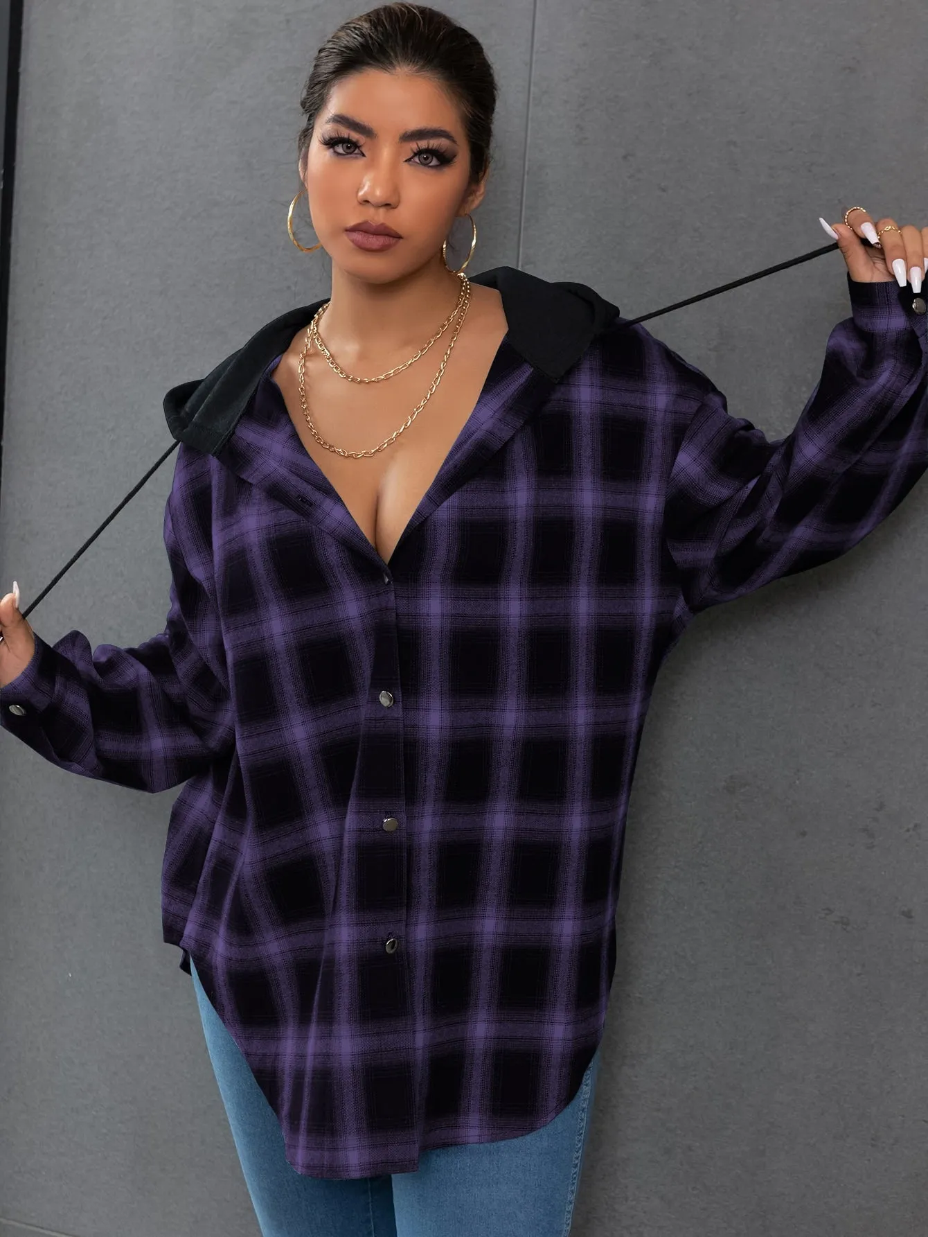 Plaid Button Front Long Sleeve Hooded Long Plus Size Blouse