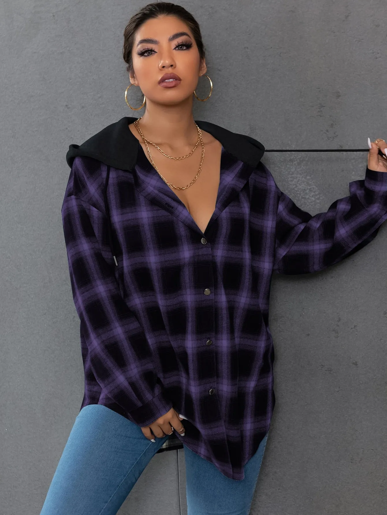 Plaid Button Front Long Sleeve Hooded Long Plus Size Blouse