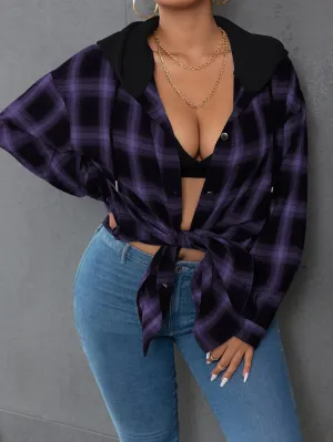 Plaid Button Front Long Sleeve Hooded Long Plus Size Blouse