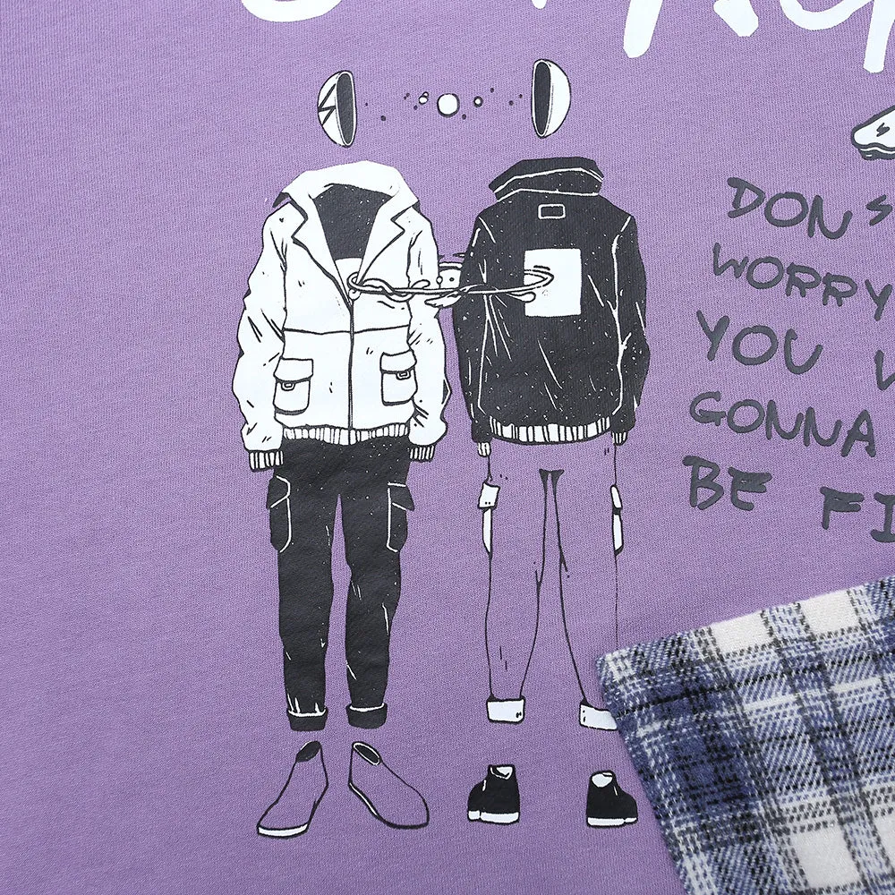 Plaid Patchwork Cartoon Print Pocket Pullover Hoodies