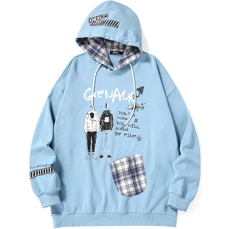 Plaid Patchwork Cartoon Print Pocket Pullover Hoodies