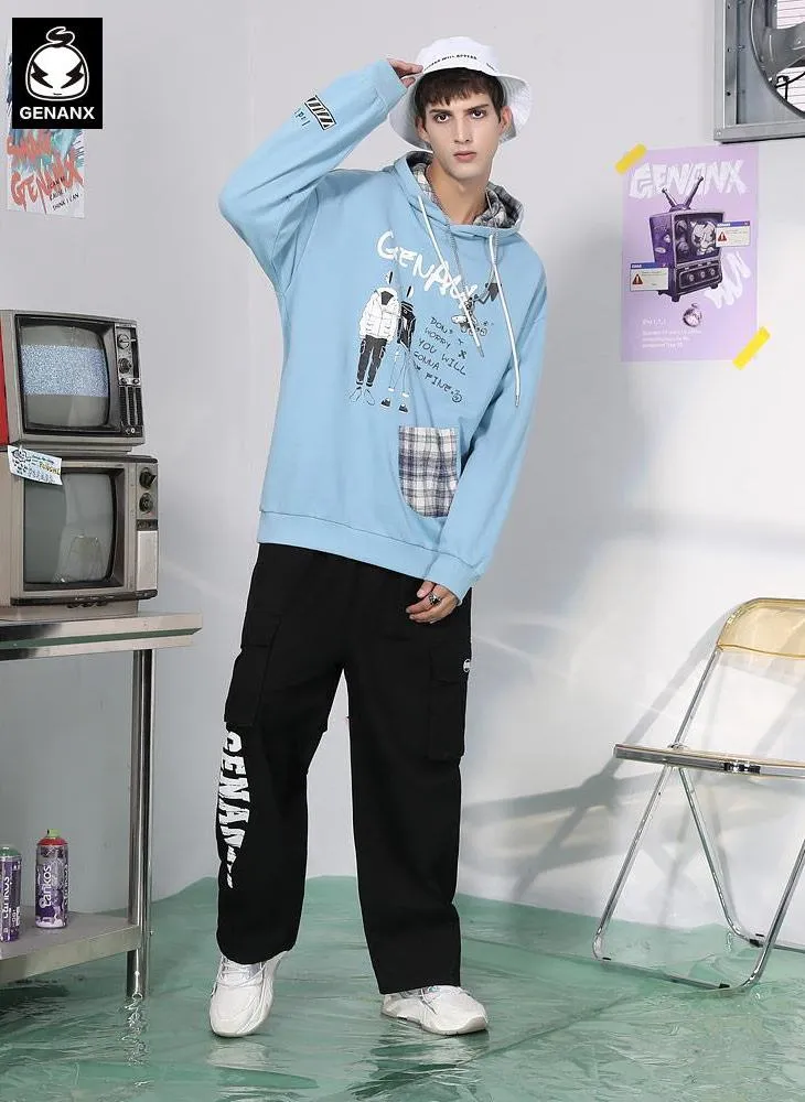 Plaid Patchwork Cartoon Print Pocket Pullover Hoodies