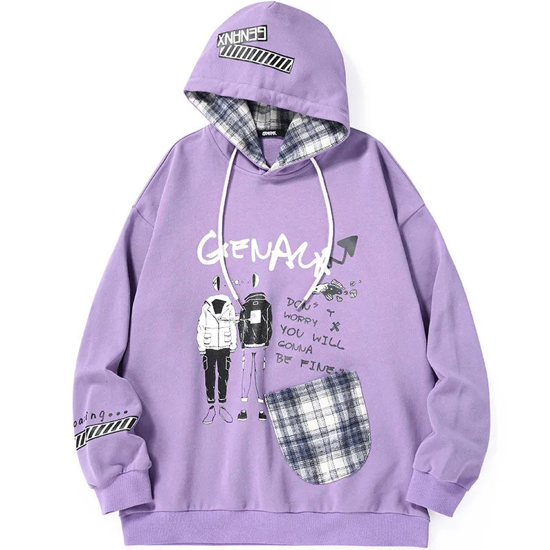 Plaid Patchwork Cartoon Print Pocket Pullover Hoodies