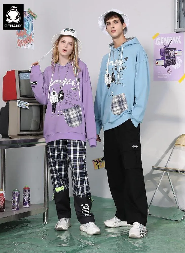 Plaid Patchwork Cartoon Print Pocket Pullover Hoodies