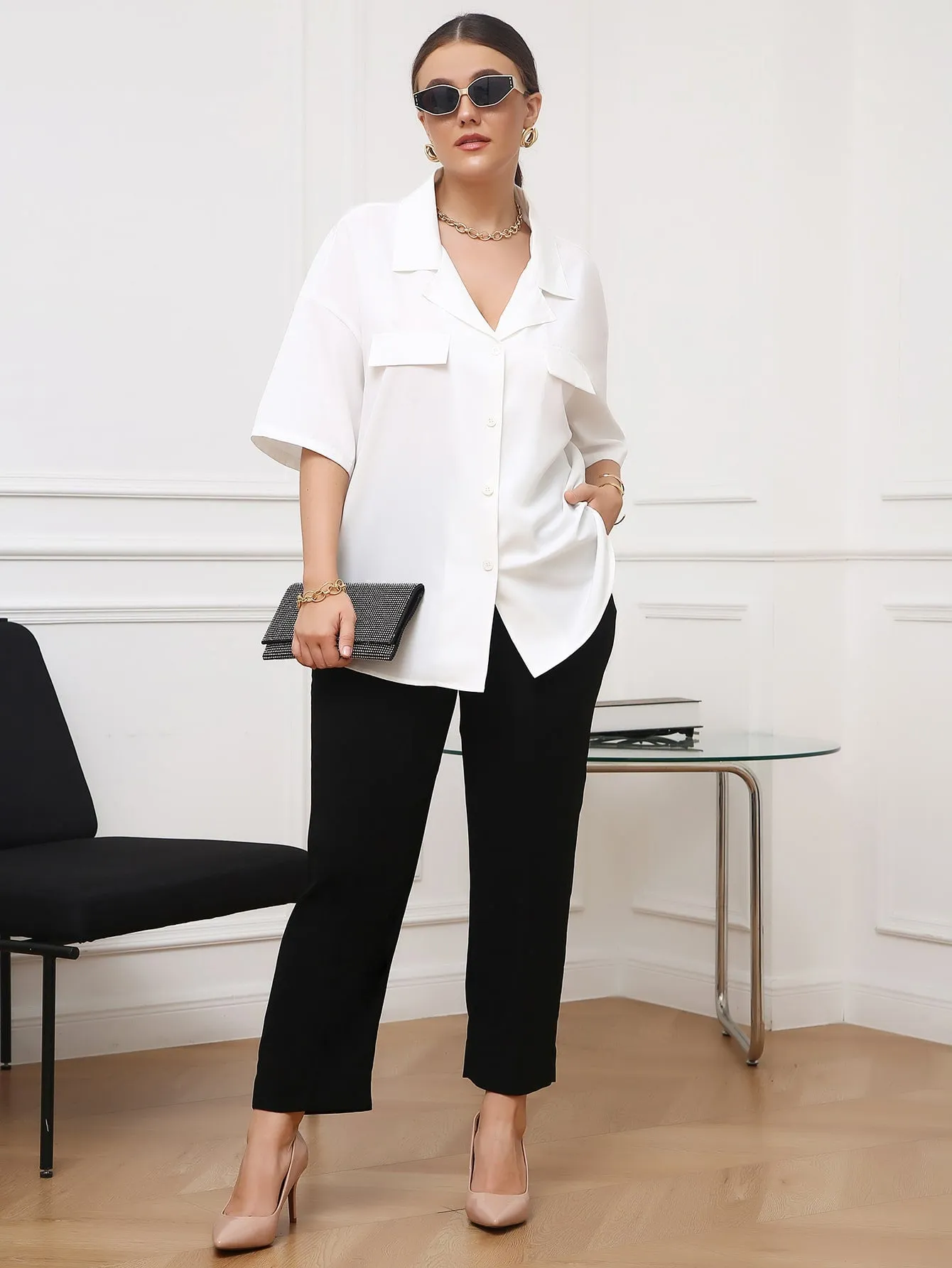 Plain Button Front Half Sleeve Lapel Long Plus Size Blouse