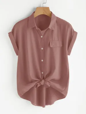 Plain Button Front Short Sleeve Collar Asymmetrical Regular Plus Size Blouse