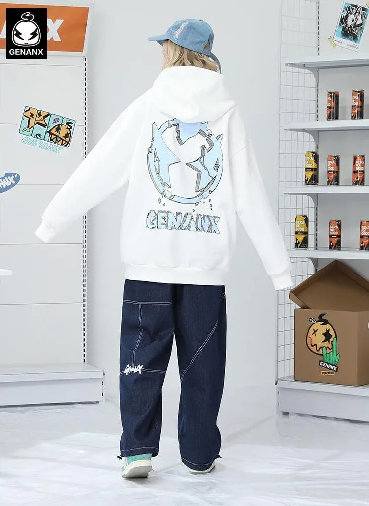 Plain Cartoon Print Kangaroo Pocket Hoodies