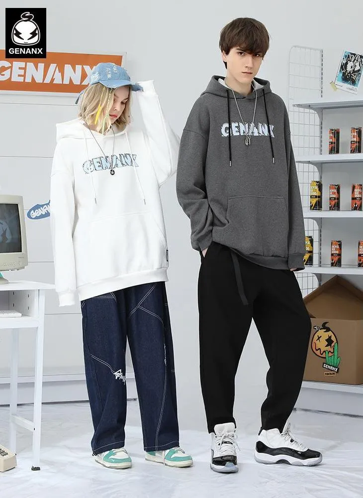 Plain Cartoon Print Kangaroo Pocket Hoodies