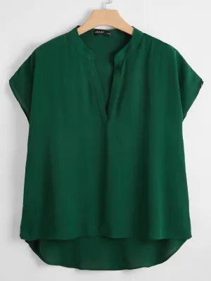 Plain High Low Short Sleeve Notched Asymmetrical Regular Plus Size Blouse