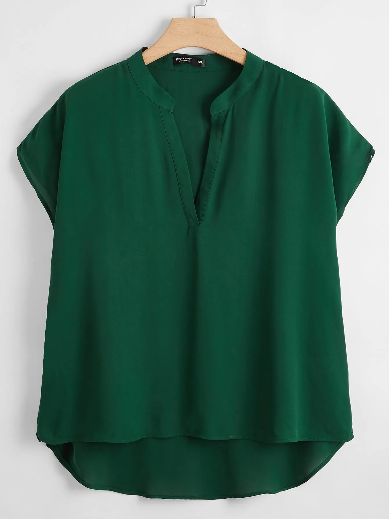 Plain High Low Short Sleeve Notched Asymmetrical Regular Plus Size Blouse