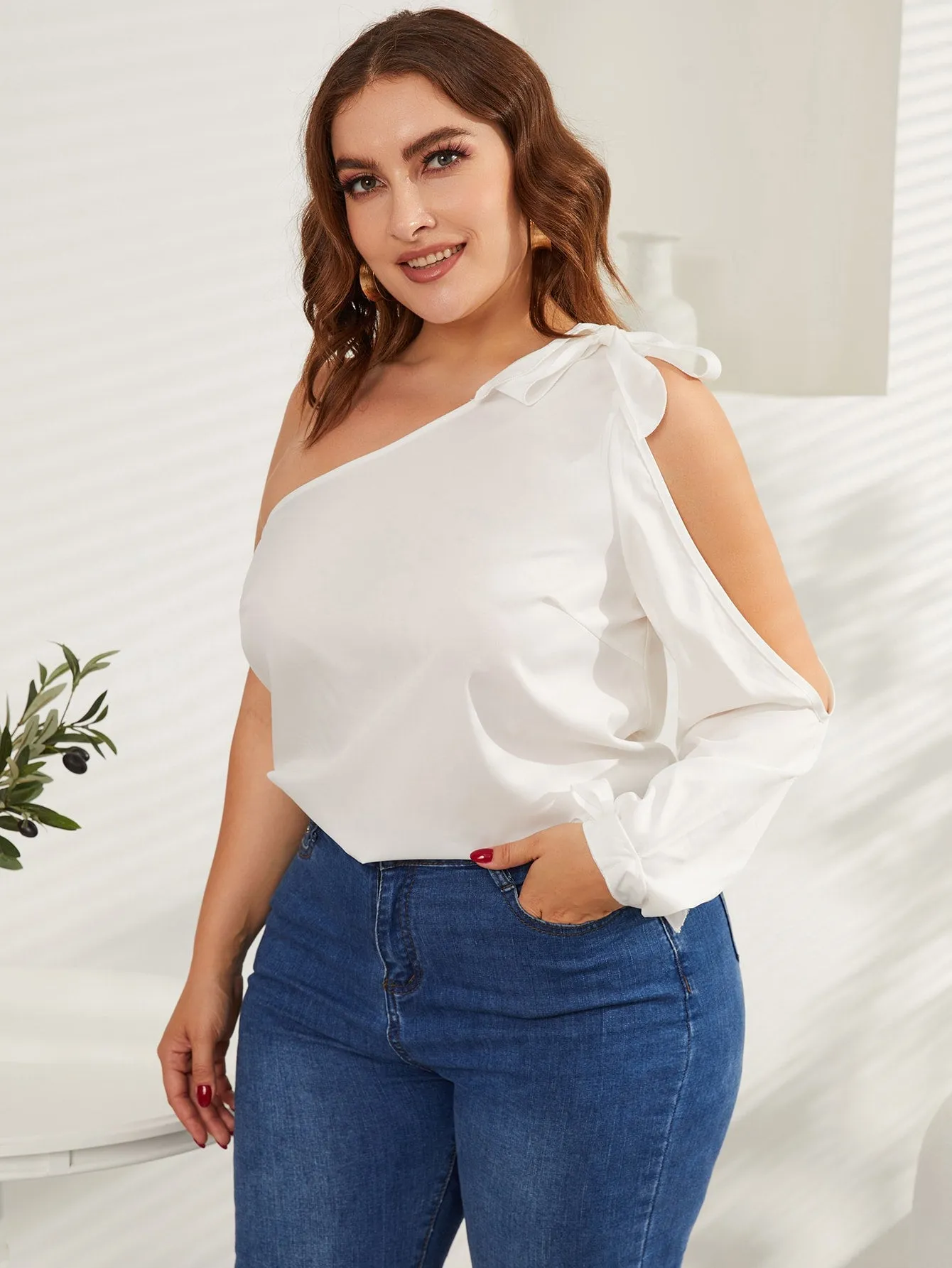 Plain Knot Long Sleeve One Shoulder Semi-Sheer Regular Plus Size Blouse