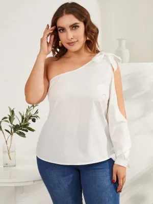 Plain Knot Long Sleeve One Shoulder Semi-Sheer Regular Plus Size Blouse