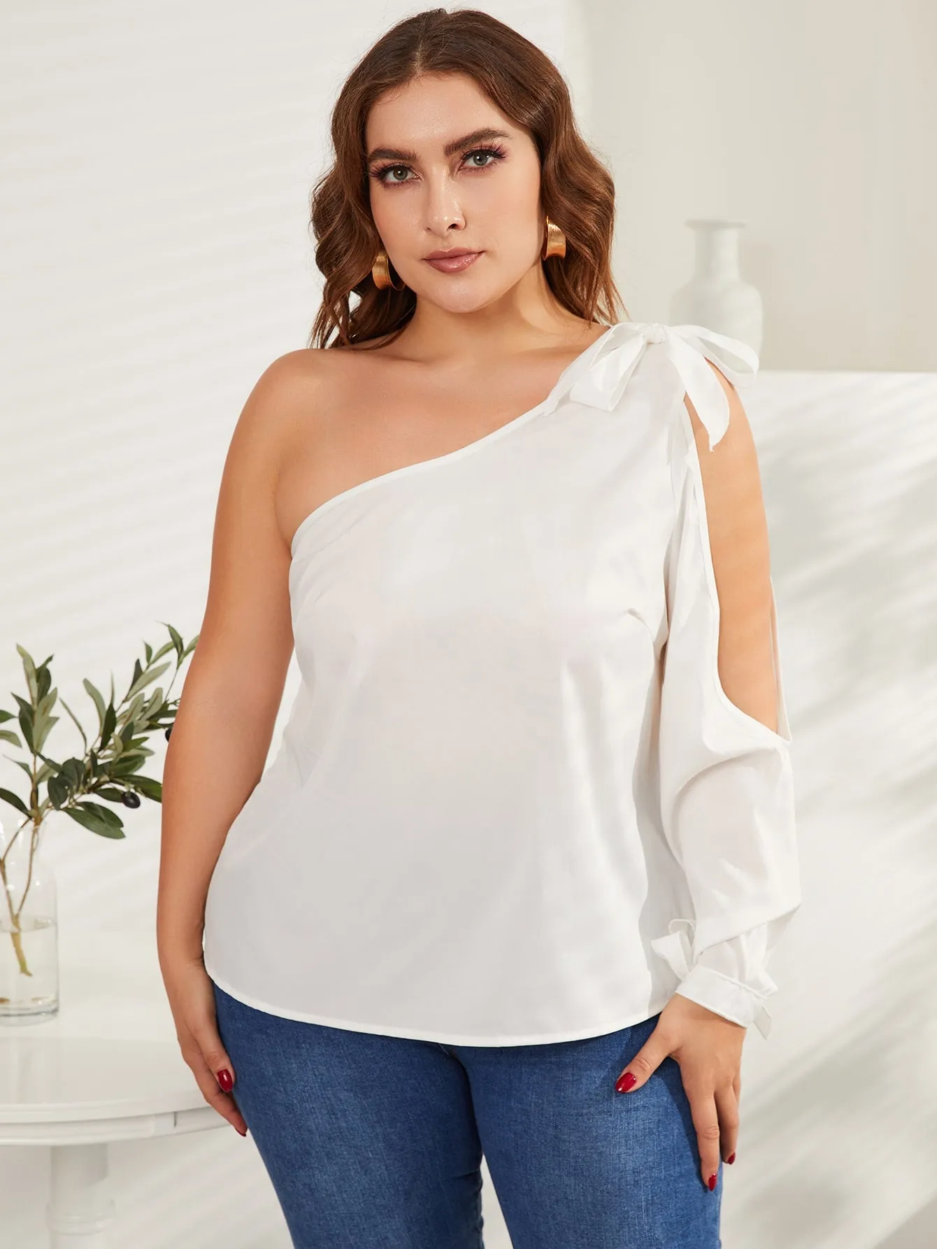 Plain Knot Long Sleeve One Shoulder Semi-Sheer Regular Plus Size Blouse