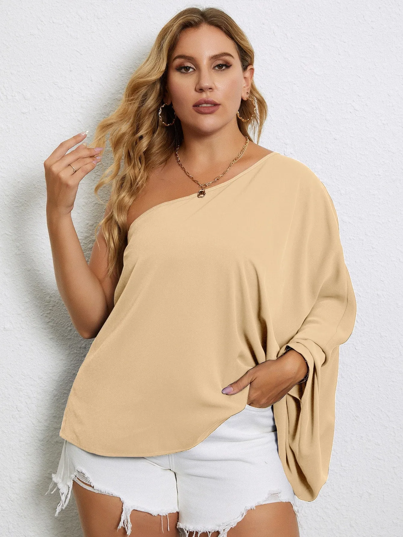 Plain Long Sleeve One Shoulder Regular Plus Size Blouse