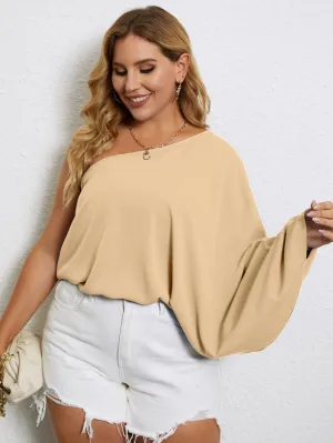 Plain Long Sleeve One Shoulder Regular Plus Size Blouse