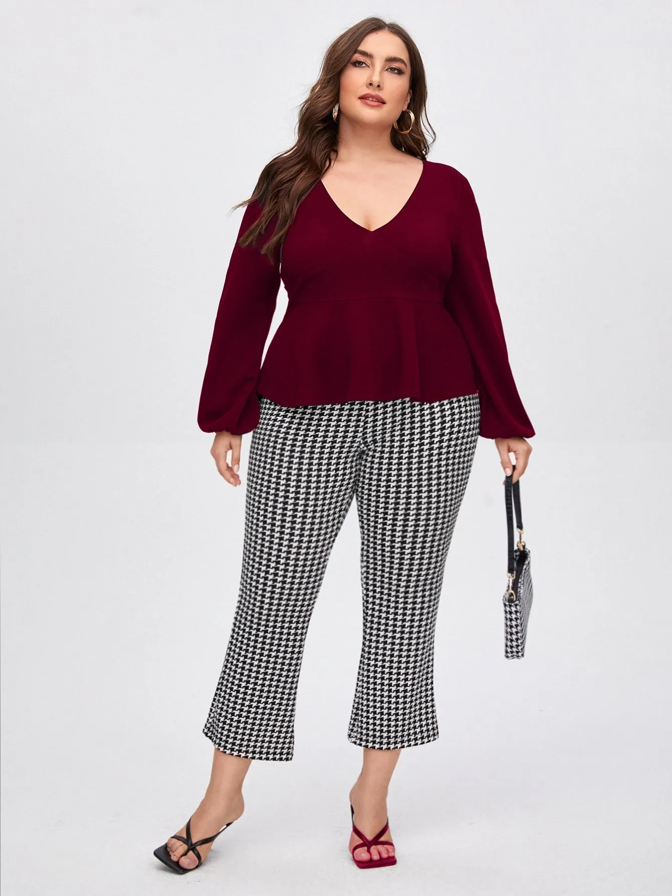 Plain Ruffle Hem Long Sleeve Deep V Neck Regular Plus Size Blouse