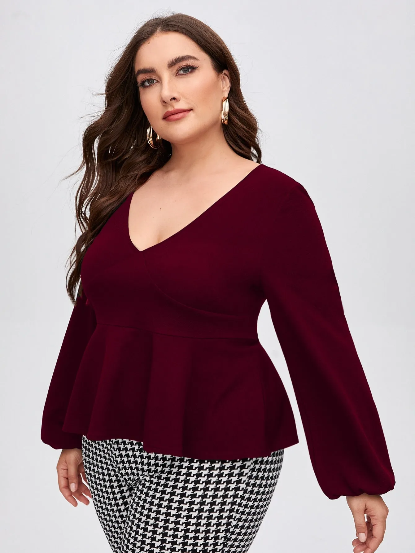 Plain Ruffle Hem Long Sleeve Deep V Neck Regular Plus Size Blouse