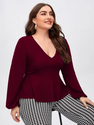 Plain Ruffle Hem Long Sleeve Deep V Neck Regular Plus Size Blouse