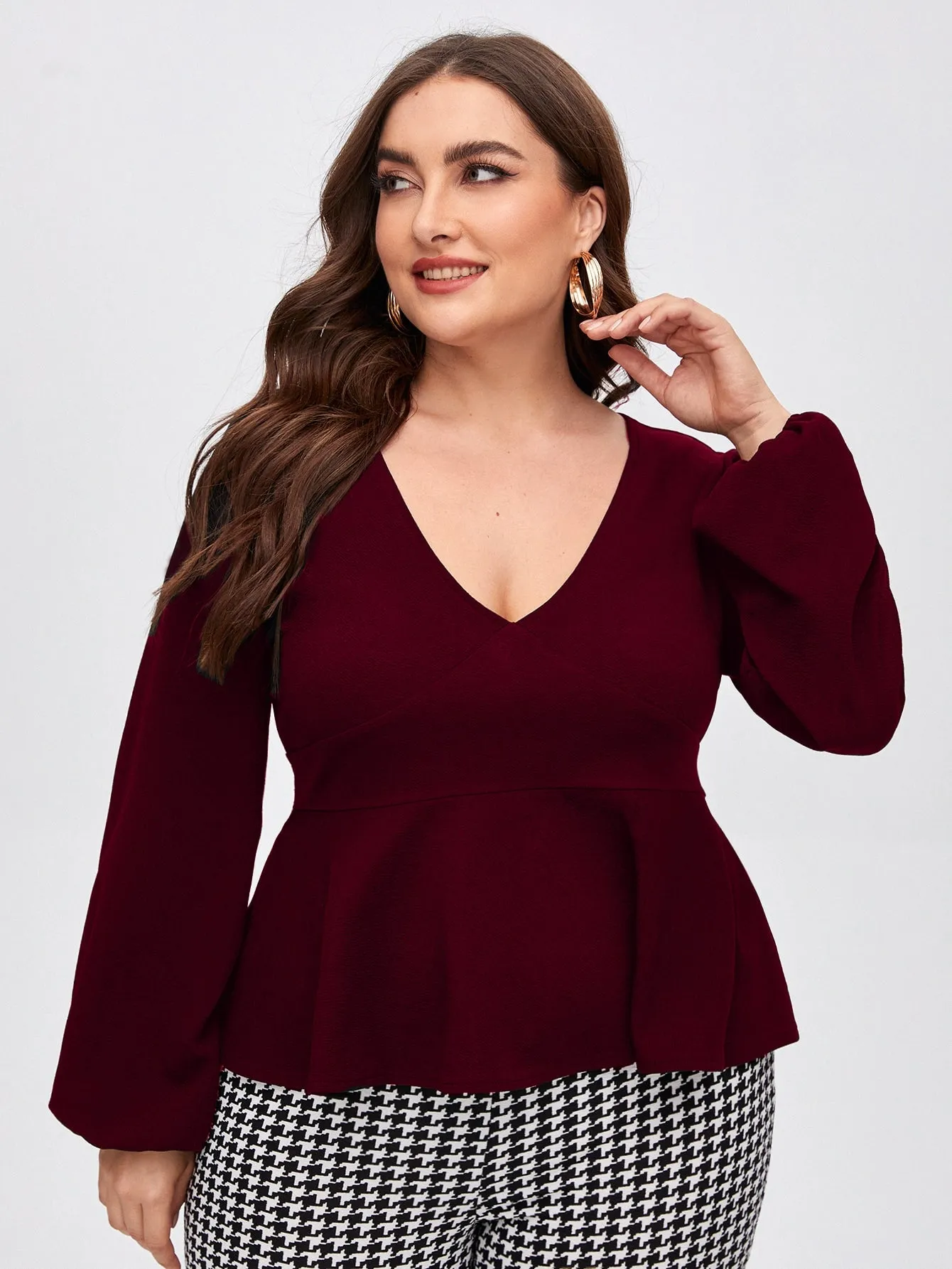 Plain Ruffle Hem Long Sleeve Deep V Neck Regular Plus Size Blouse