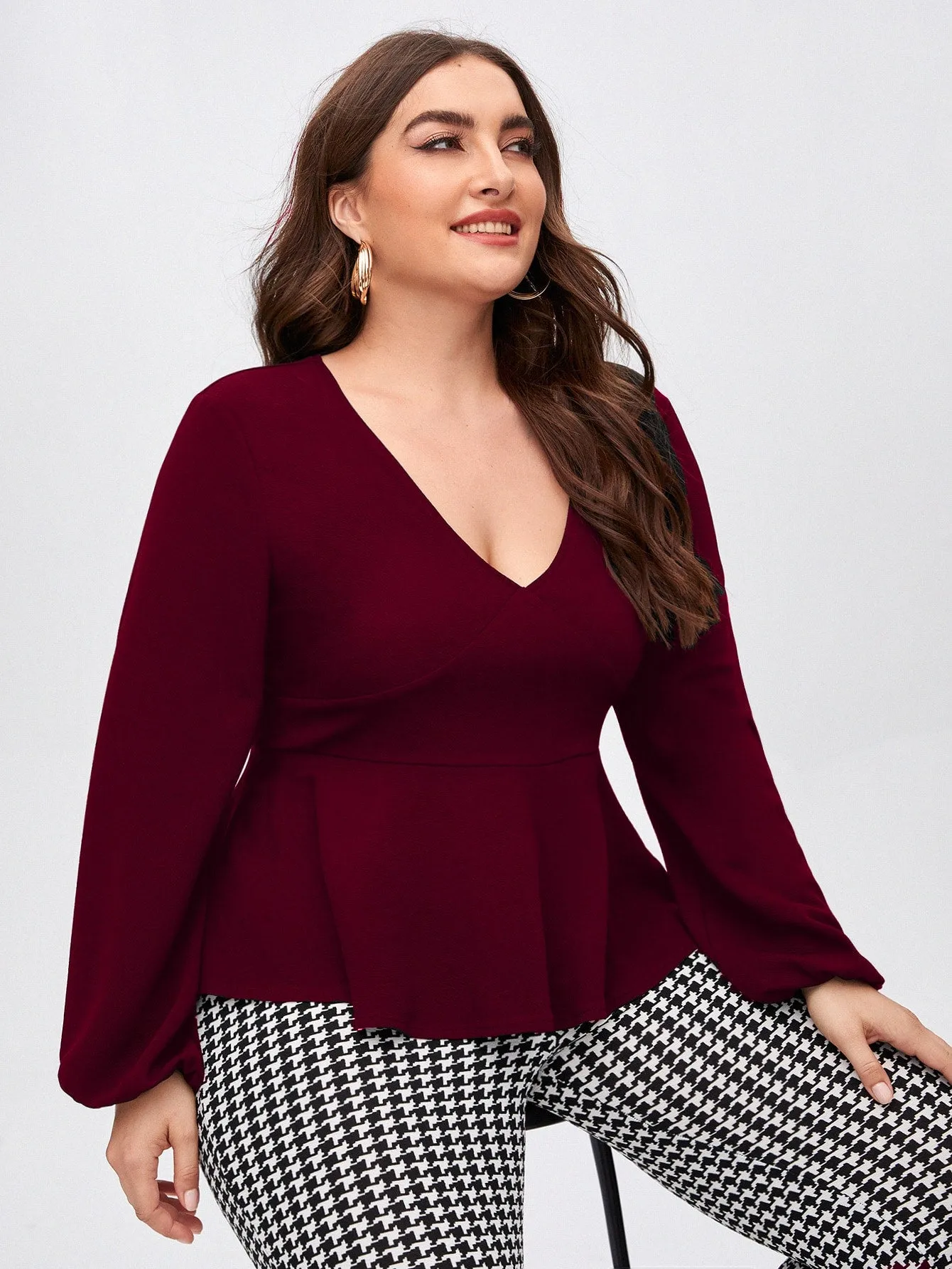 Plain Ruffle Hem Long Sleeve Deep V Neck Regular Plus Size Blouse