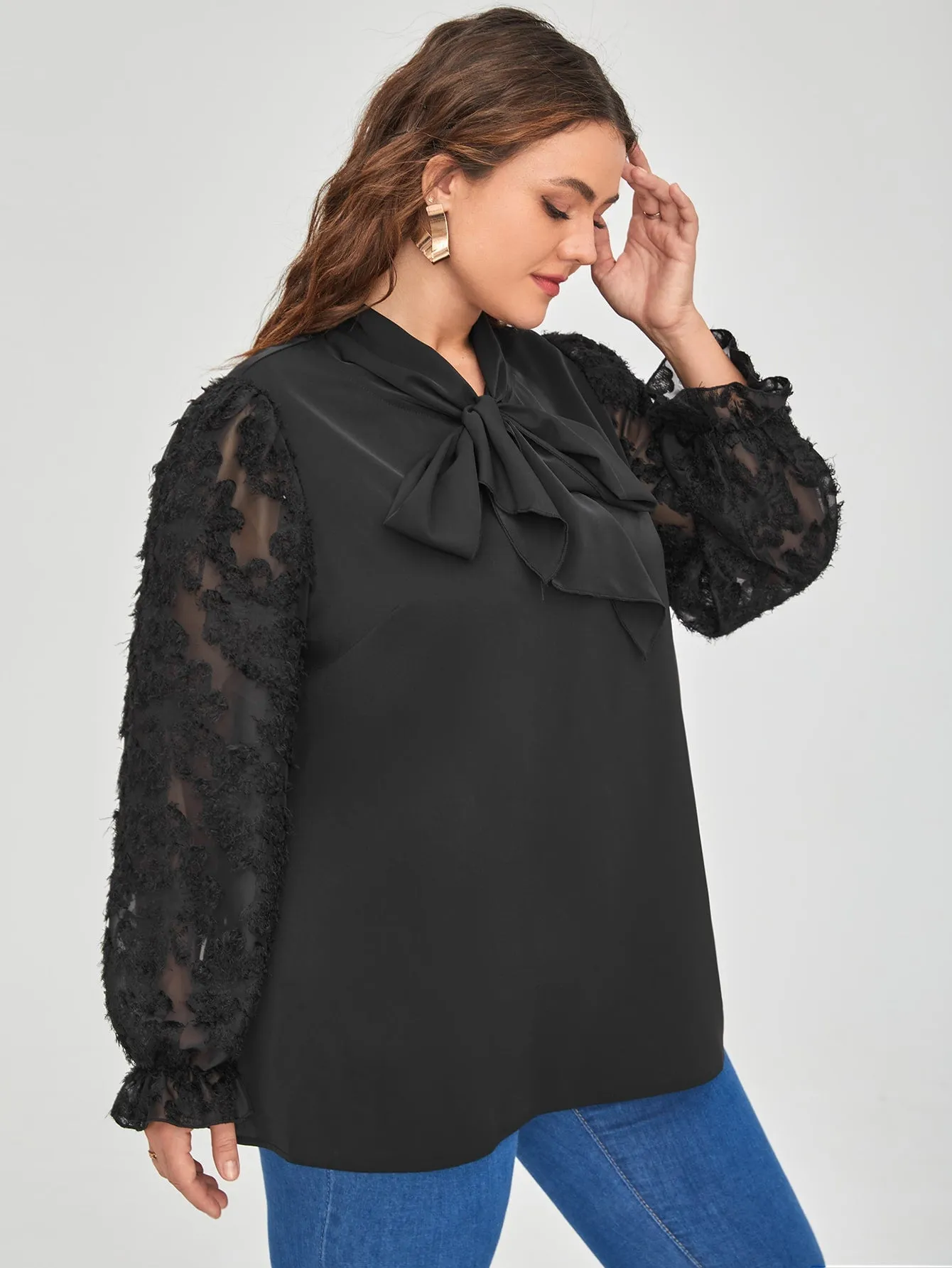 Plain Tie Front Long Sleeve Tie Neck Regular Plus Size Blouse