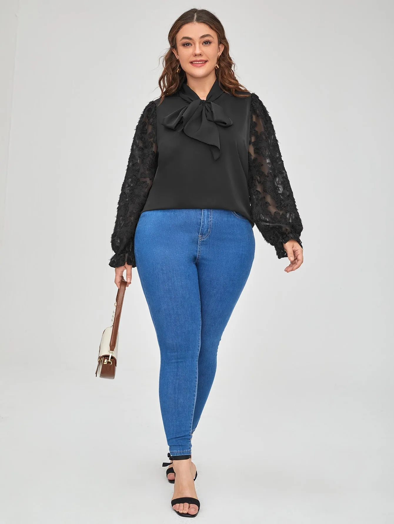 Plain Tie Front Long Sleeve Tie Neck Regular Plus Size Blouse