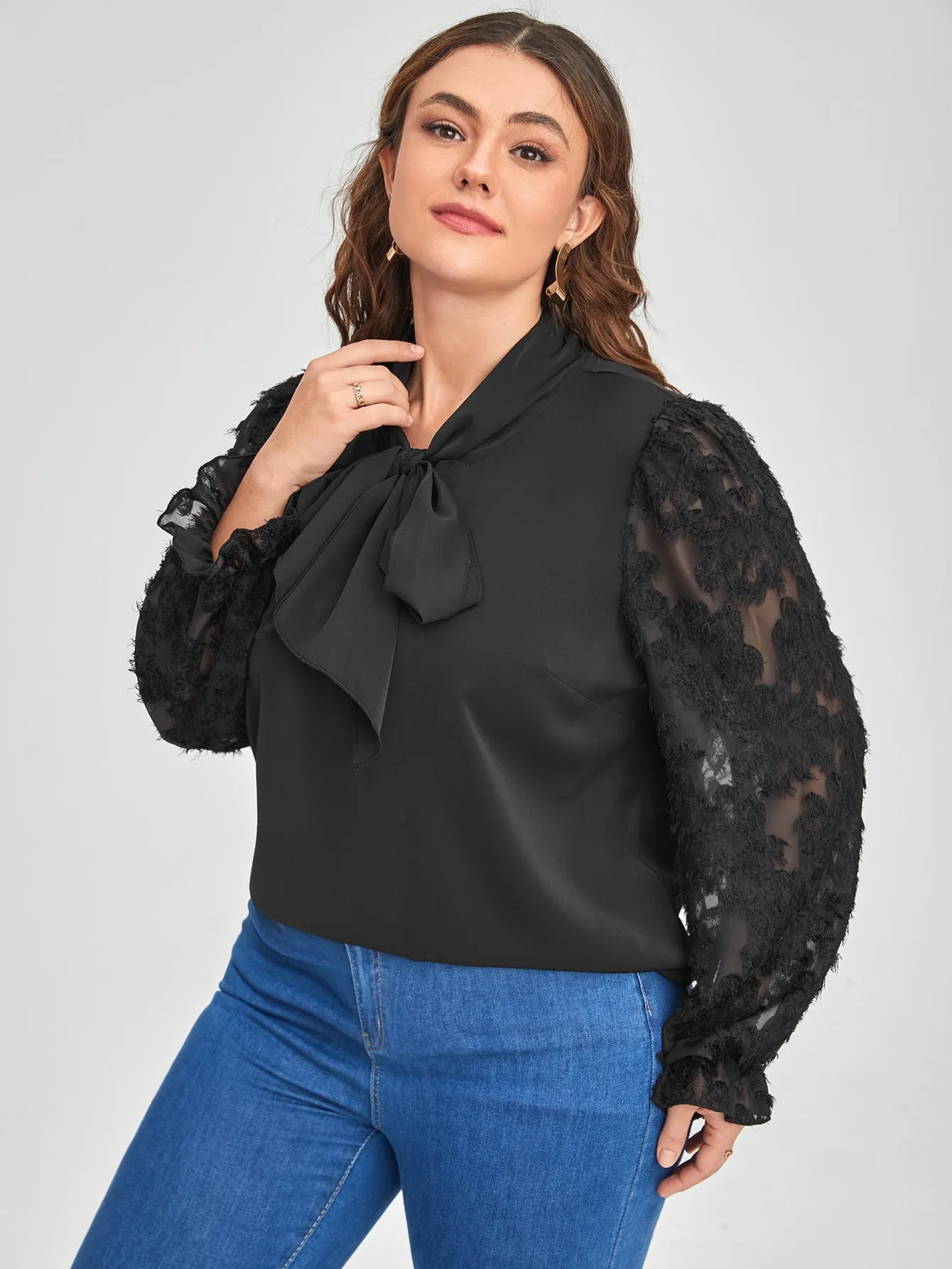 Plain Tie Front Long Sleeve Tie Neck Regular Plus Size Blouse