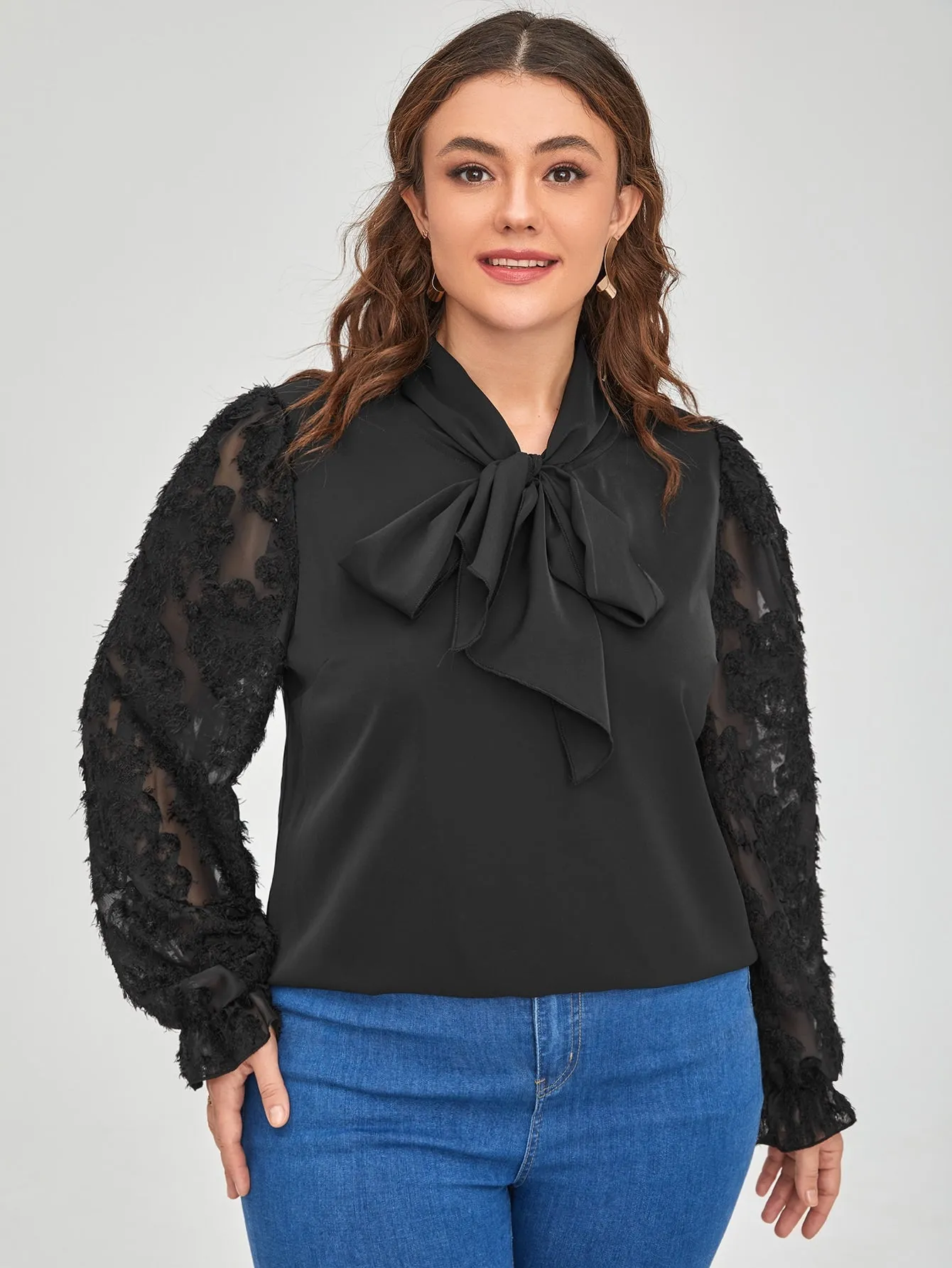 Plain Tie Front Long Sleeve Tie Neck Regular Plus Size Blouse
