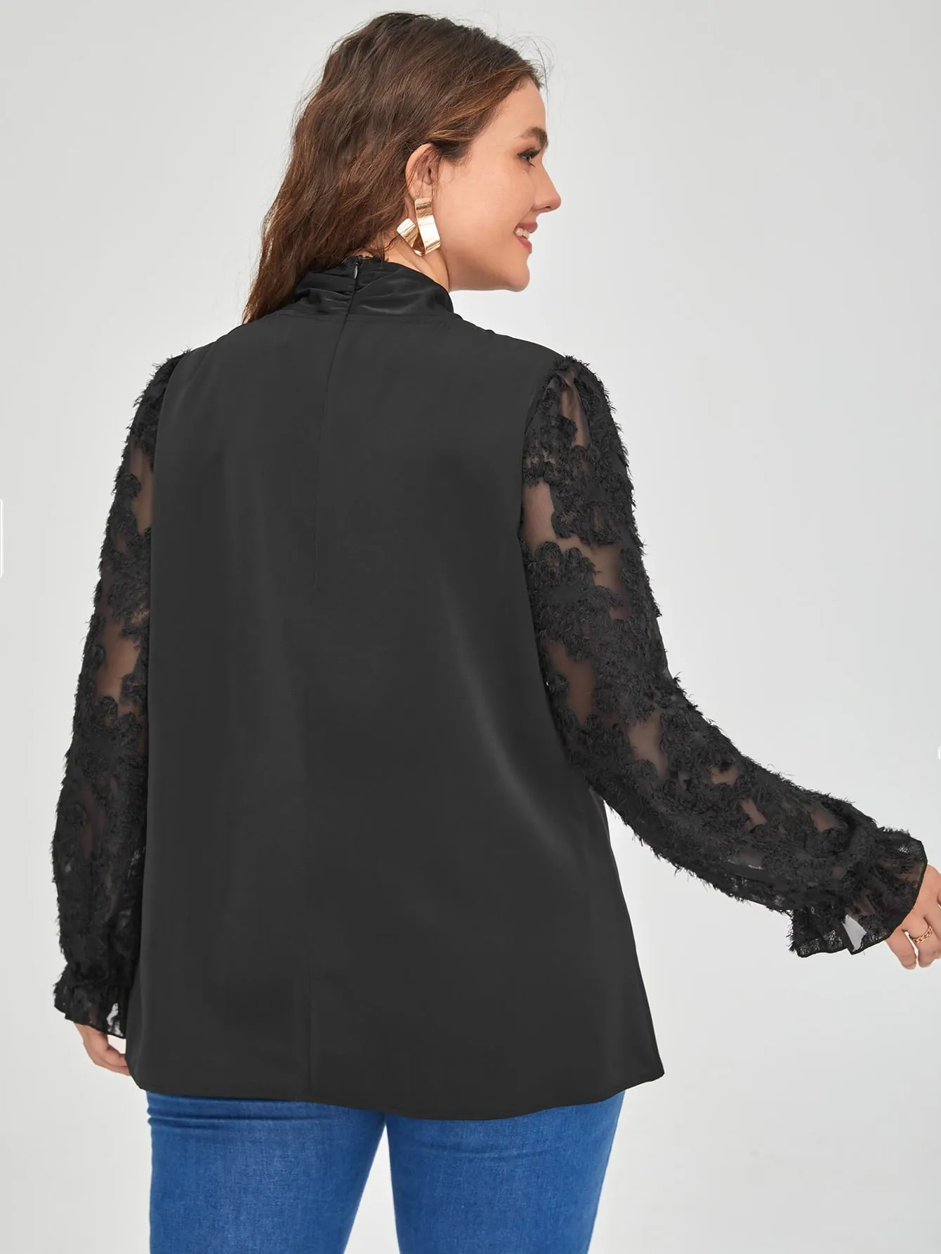 Plain Tie Front Long Sleeve Tie Neck Regular Plus Size Blouse
