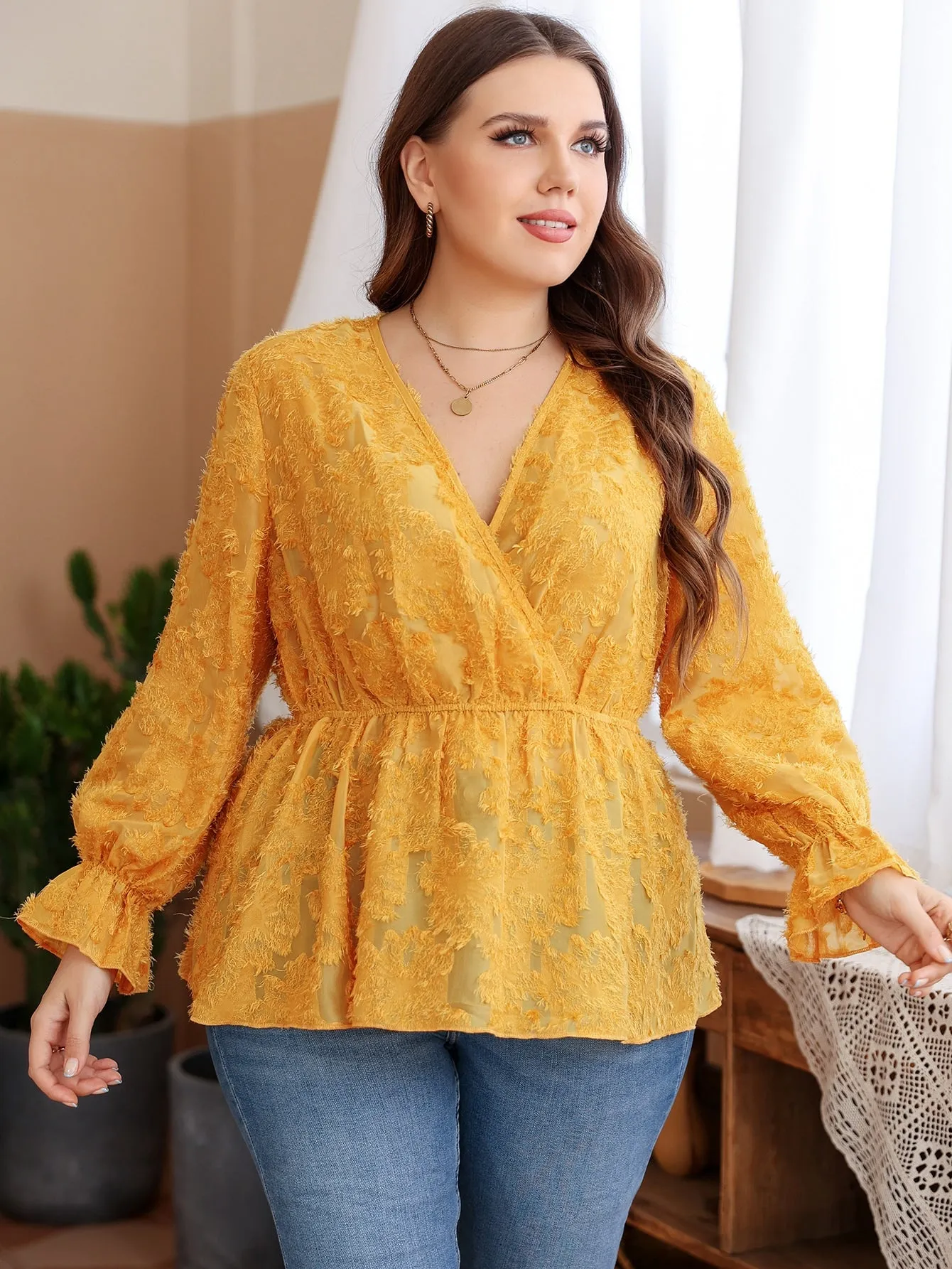 Plain Wrap Long Sleeve V Neck Flared Regular Plus Blouse