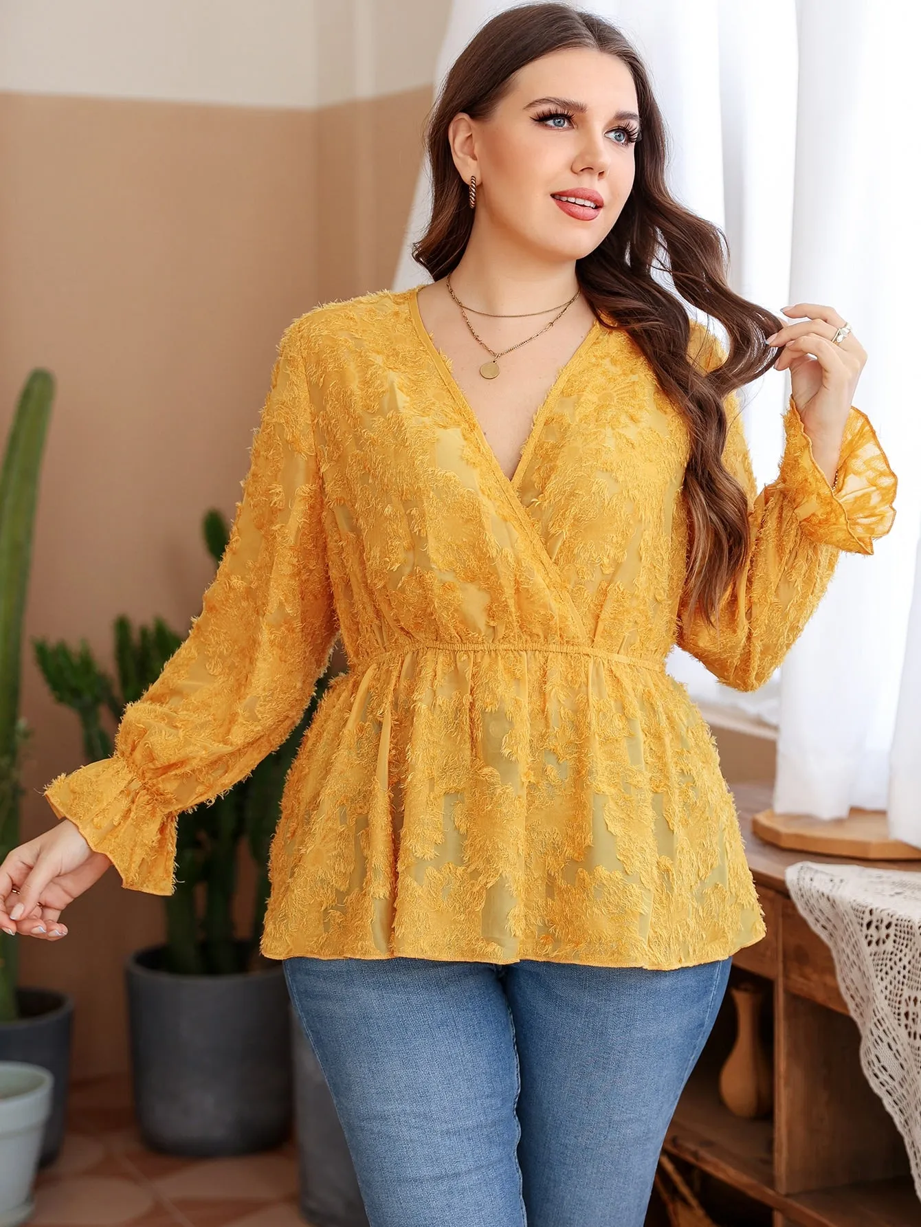 Plain Wrap Long Sleeve V Neck Flared Regular Plus Blouse