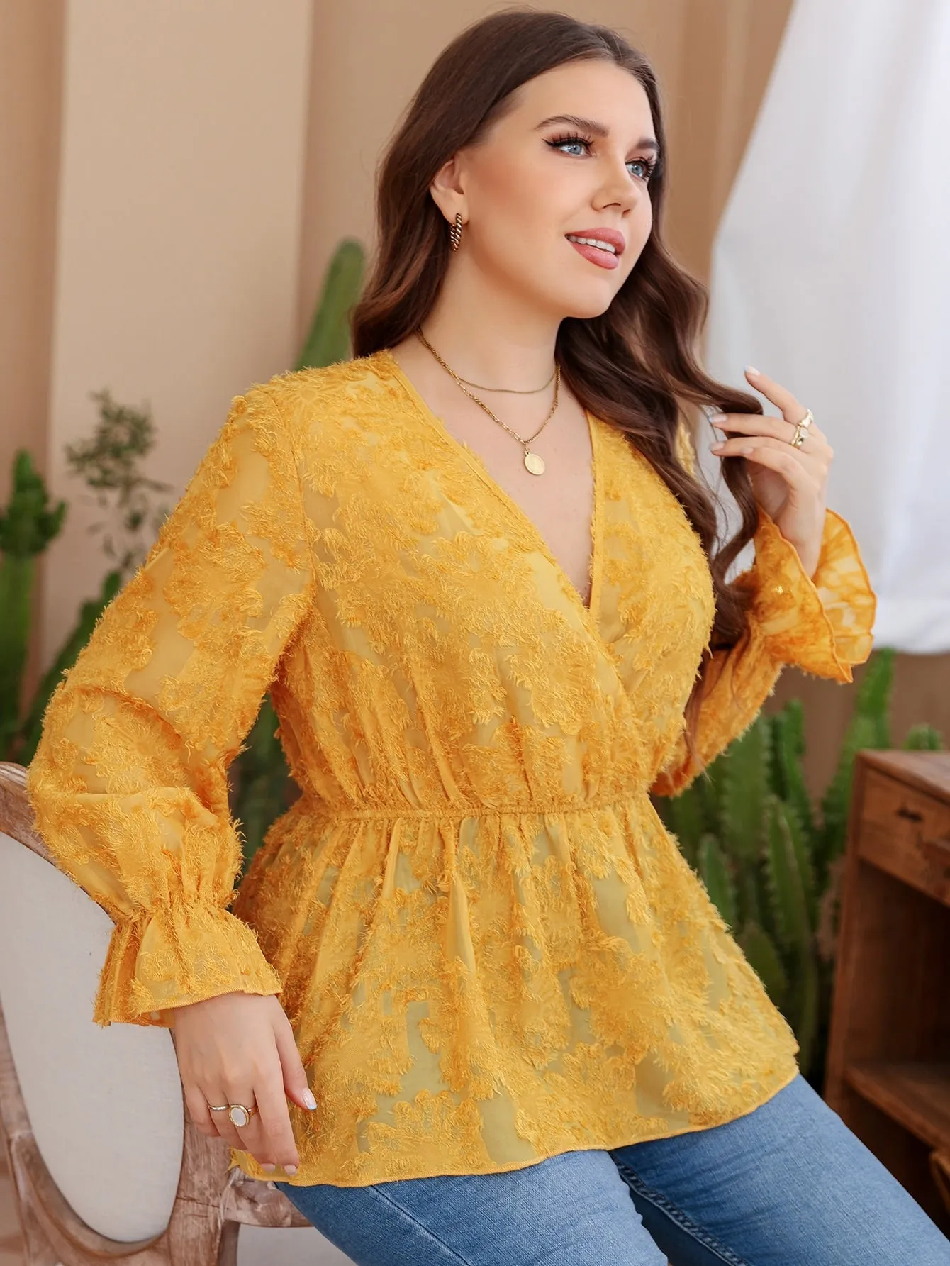 Plain Wrap Long Sleeve V Neck Flared Regular Plus Blouse